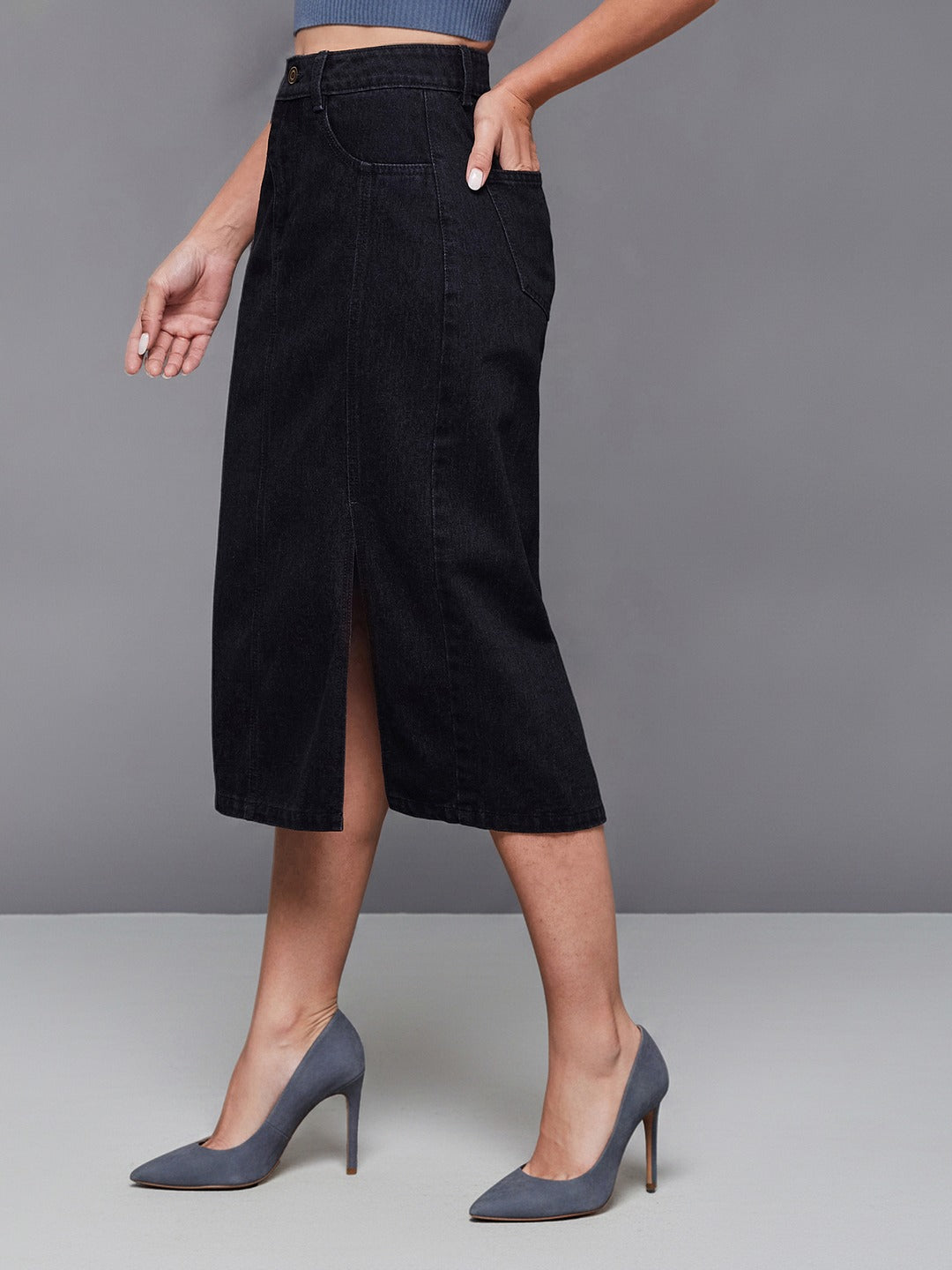 Black Straight-Fit High-Rise Stretchable Denim Midi Skirt for Women