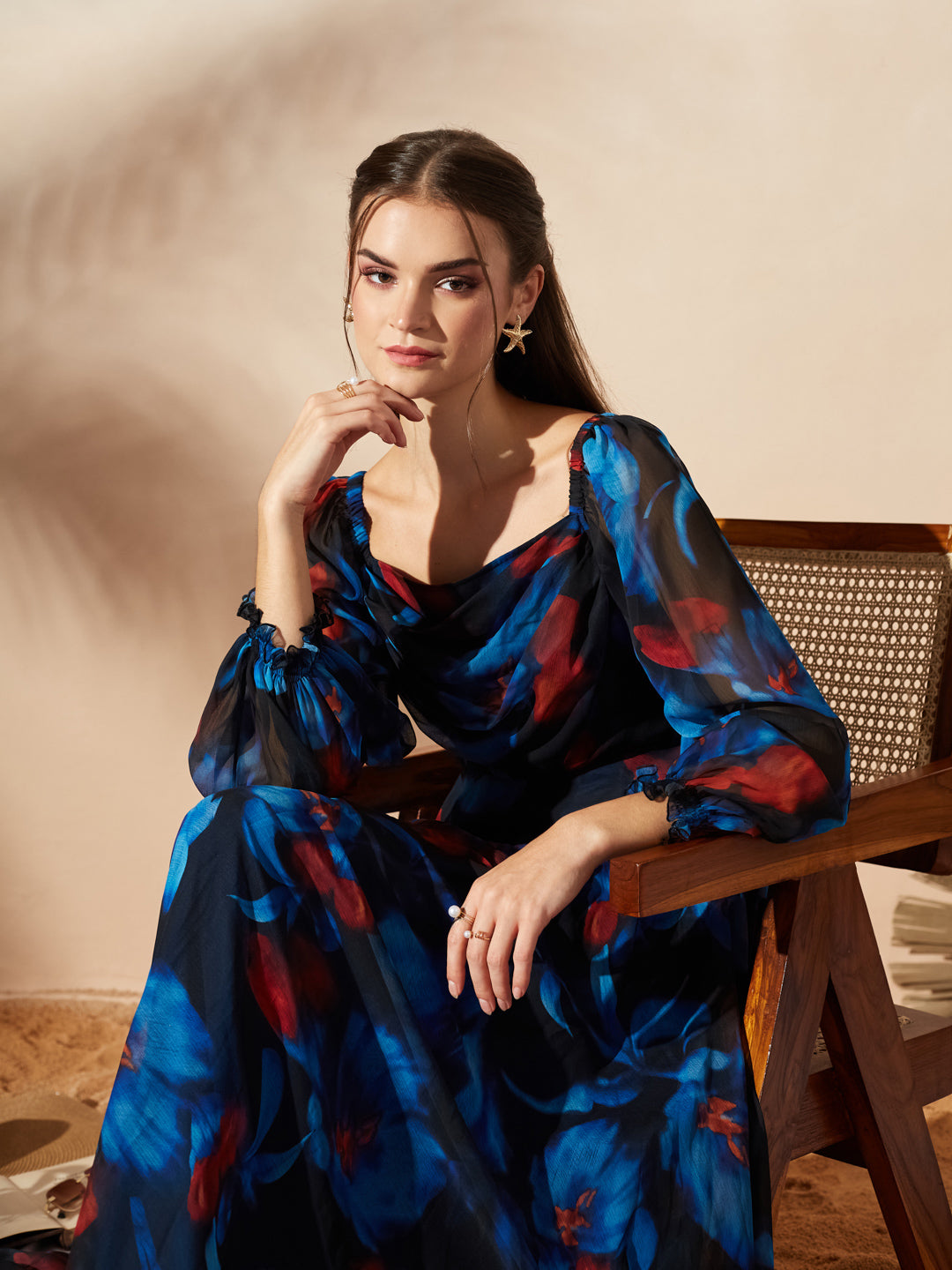 Black V-Neck Puff Floral Overlap/ Tiered Maxi Chiffon Ethnic Dress for Women — Miss Chase