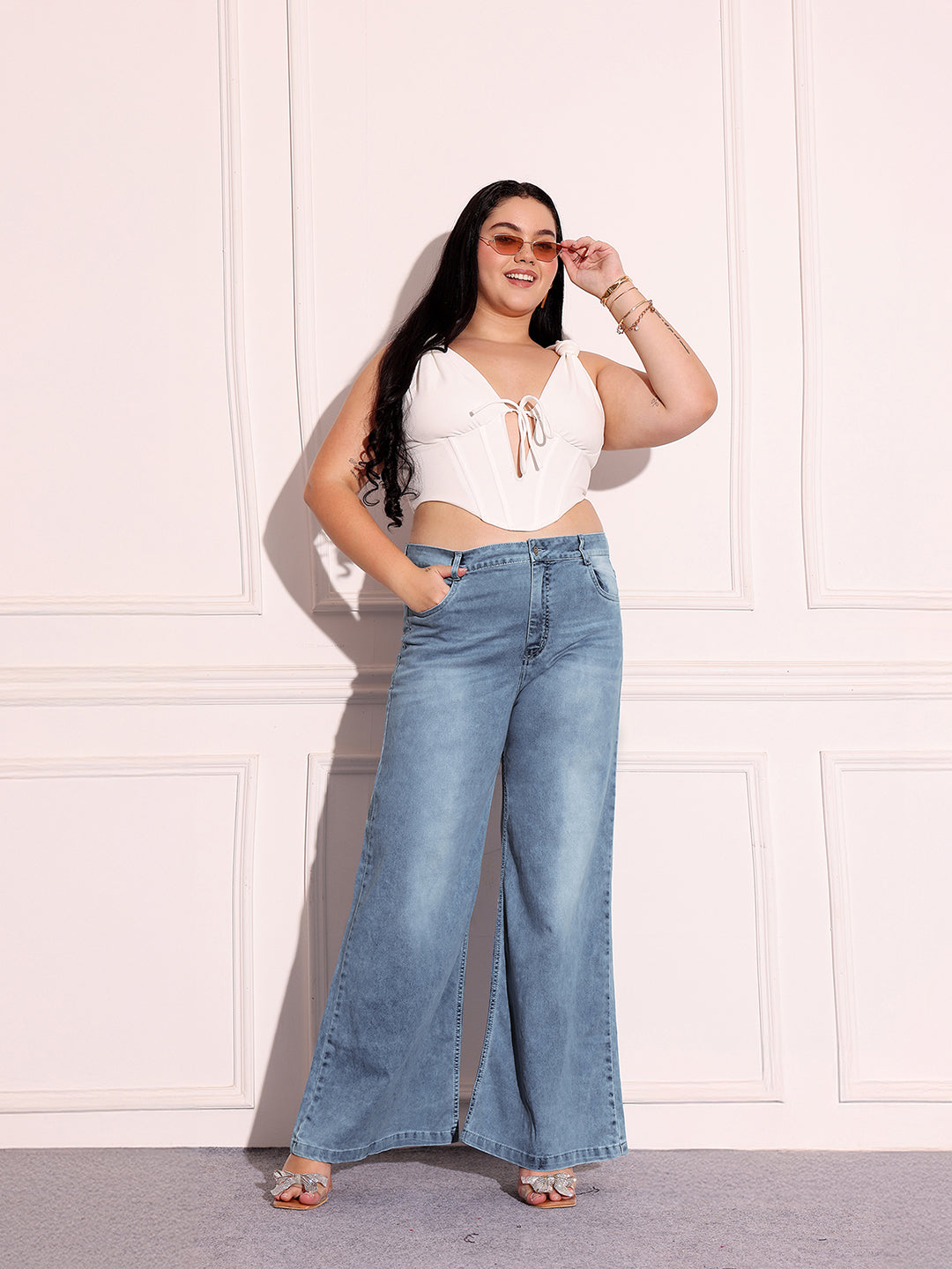Women's Light Blue High-Rise Stretchable Denim Wide-Leg Shaping Jeans