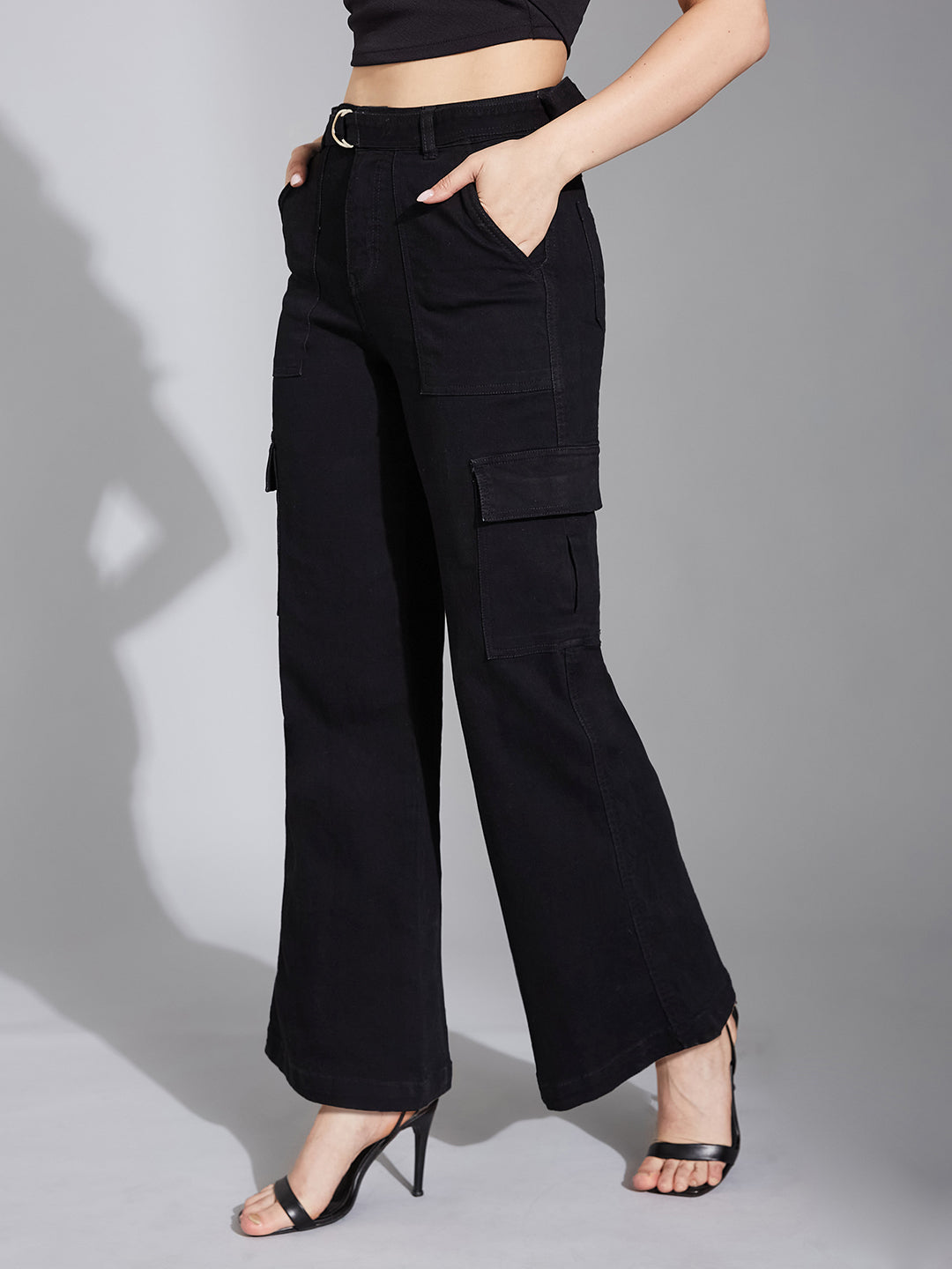 Women's Black Wide-Leg High-Rise Clean-Look Regular Stretchable Denim Jeans