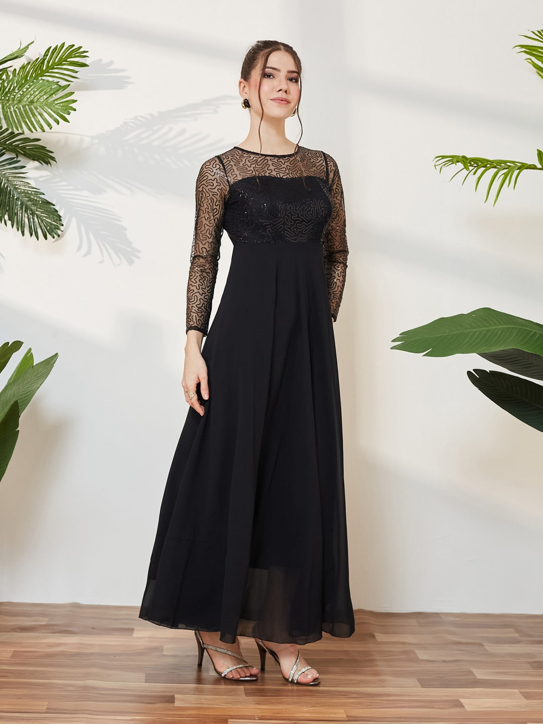 Black Solid Embellished Maxi Dress for Women