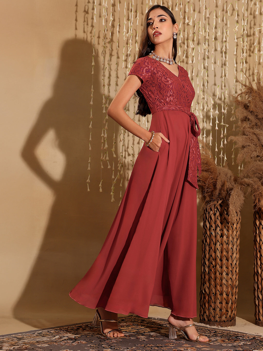 Women's Brick Red V-Neck Short Sleeve Self-Designed Lace Overlaid Georgette Maxi Dress