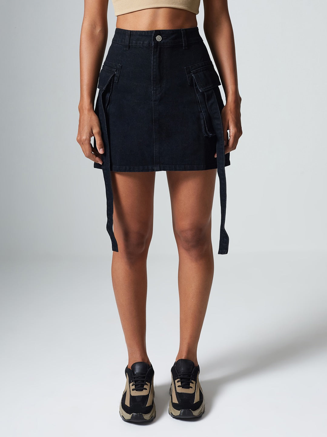 Black Straight High-Rise Clean-Look Mini Denim Skirt for Women