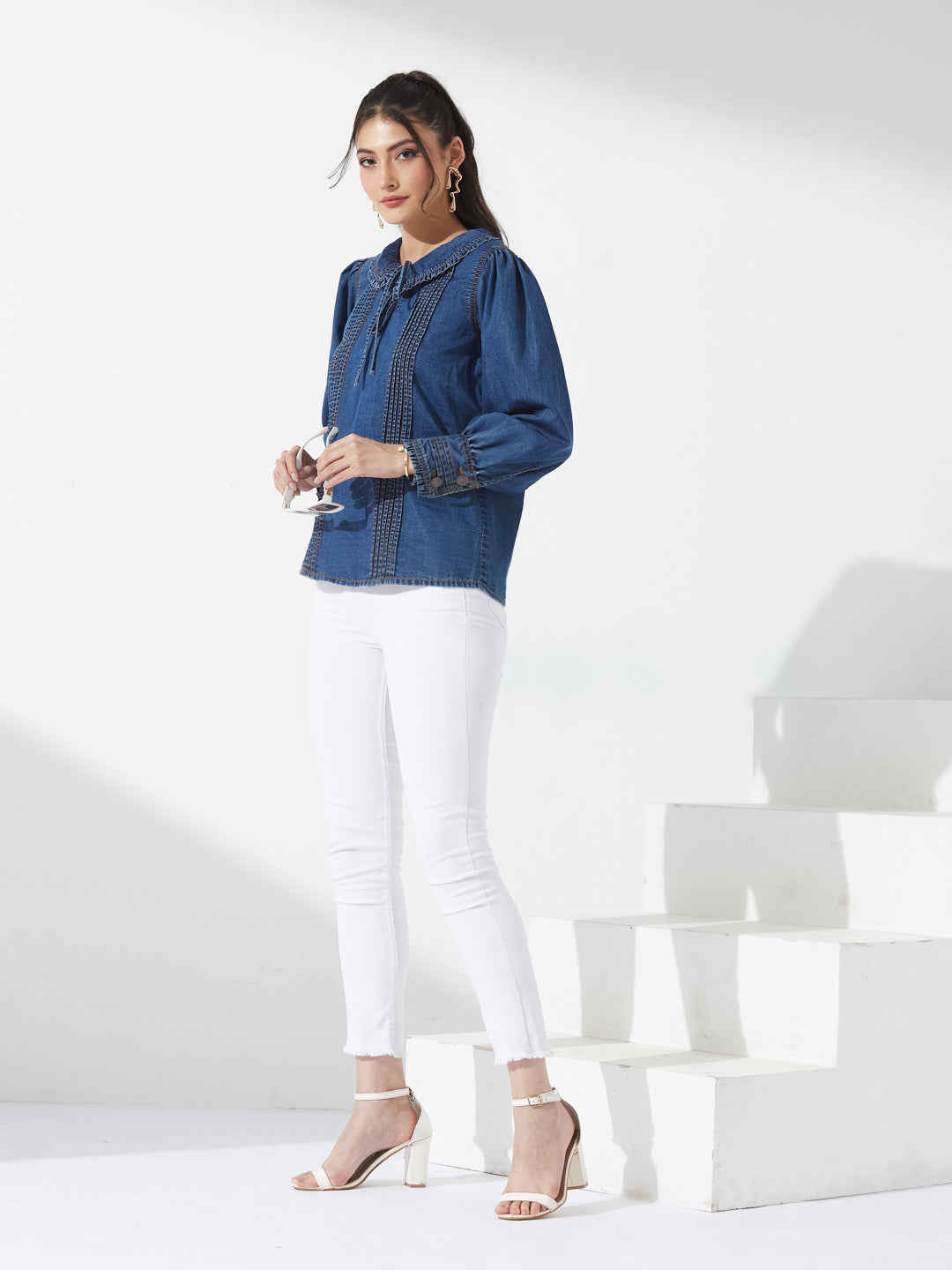 Navy Blue Peter Pan Collar Ruffled Puff Sleeve Pin-Tucked Denim Tunic Top For Women