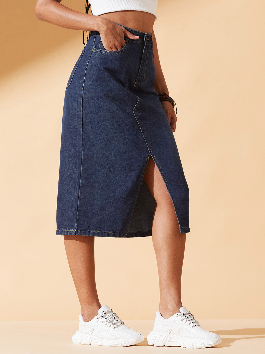Dark Blue A-Line High-Rise Clean-Look Non-stretchable Denim Midi Skirt for Women