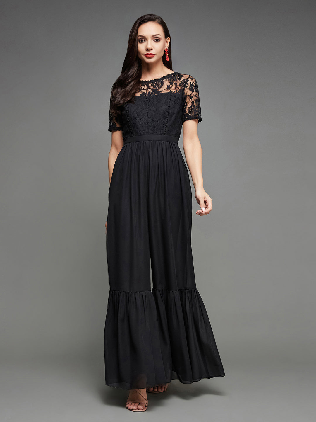 Women's Black Round Neck Short Sleeve Solid Lace Overlaid Regular Jumpsuit
