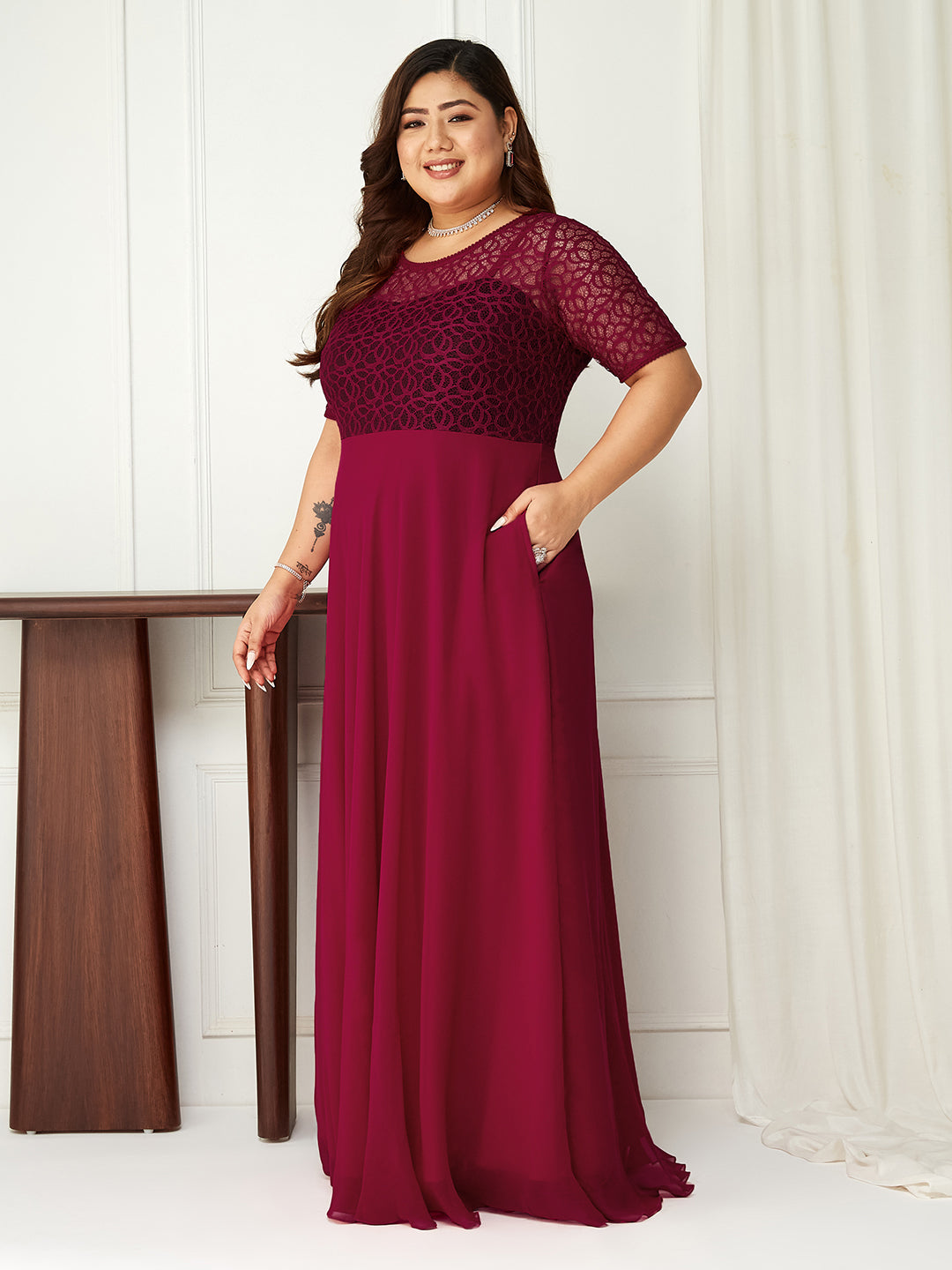 Women's Dark Pink Round neck Half Sleeve Solid Lace Overlaid Maxi Dress