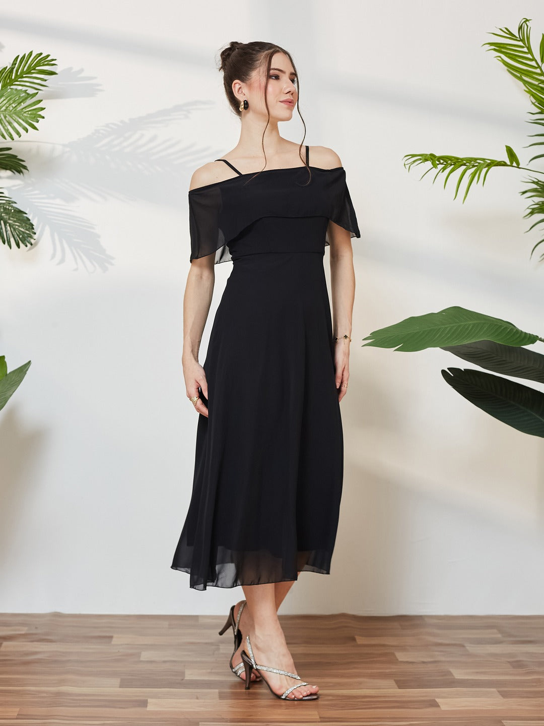 Black Bardot Style Sleeveless Spaghetti Strap Solid Off Shoulder Midi Skater Dress for Women