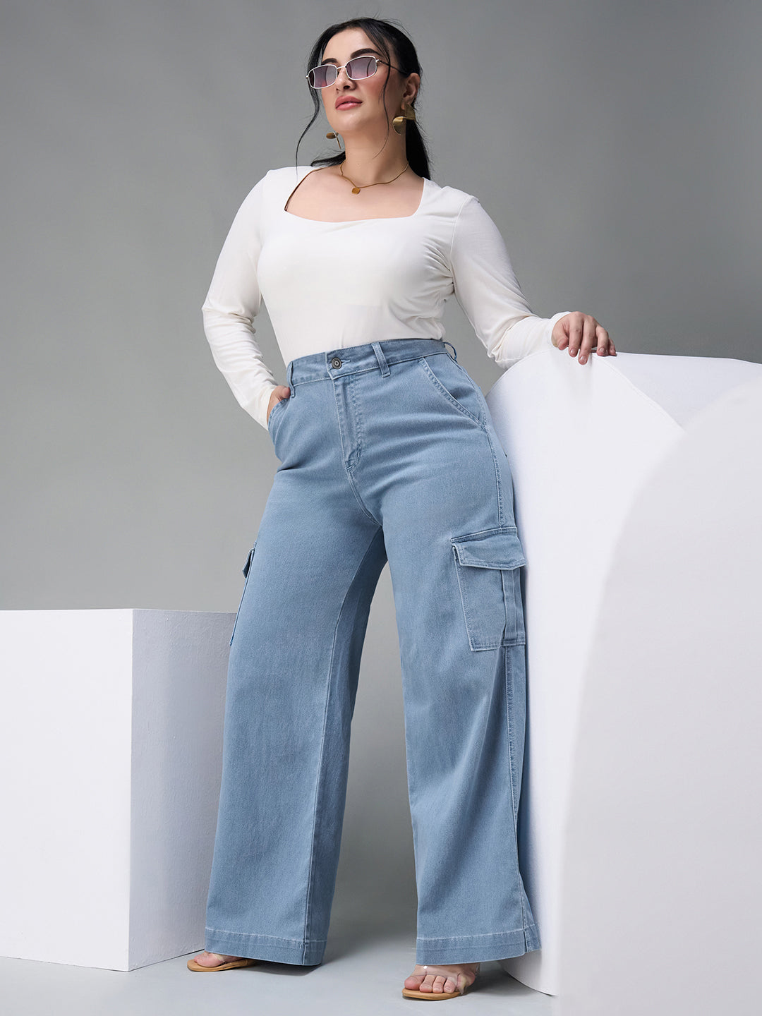 Women's Blue Wide leg High rise Stretchable Denim Jeans