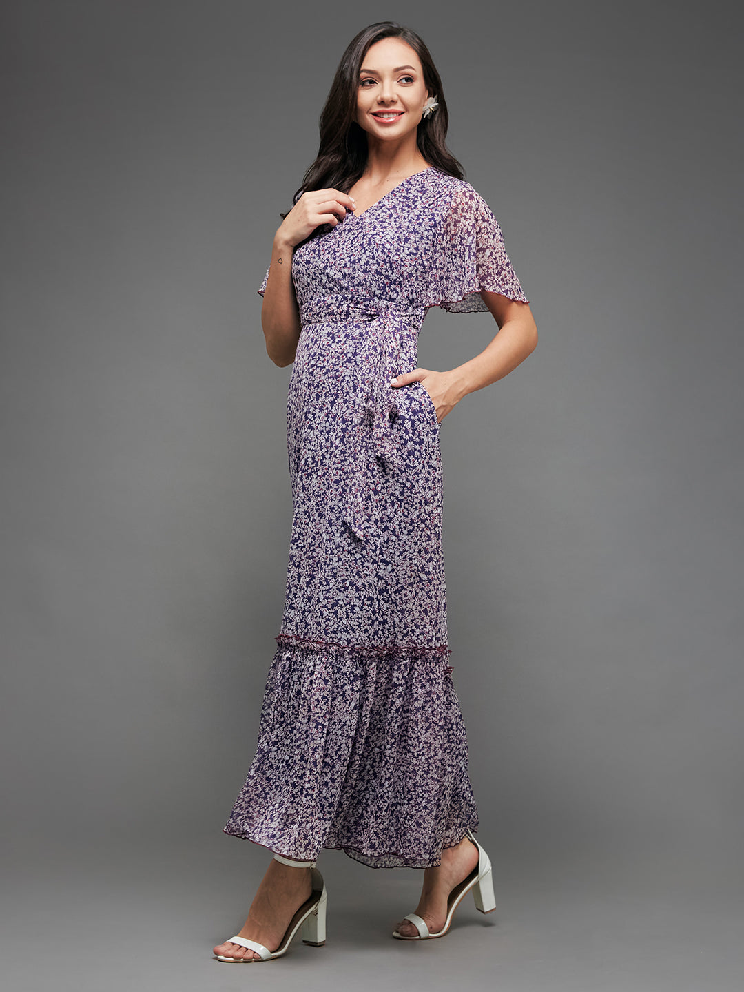 Women's Multicolored-Base-Purple V Neck Flared Sleeve Floral Wrap Chiffon Maxi Dress