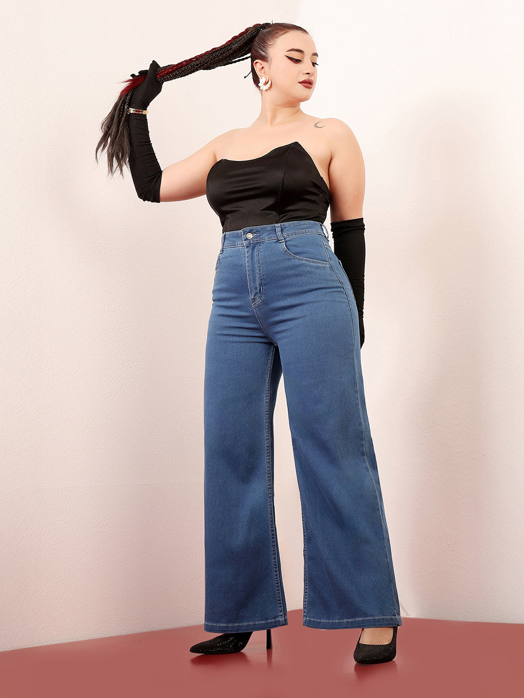 Women's Blue Wide-Leg High-Rise Clean-Look Stretchable Denim Jeans