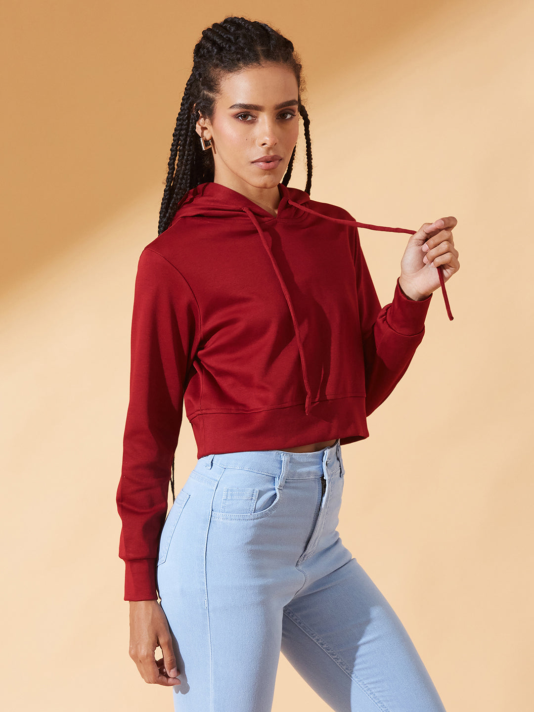 Maroon Solid Round Neck Full Sleeve Hooded Boxy Crop Sweatshirt for Women