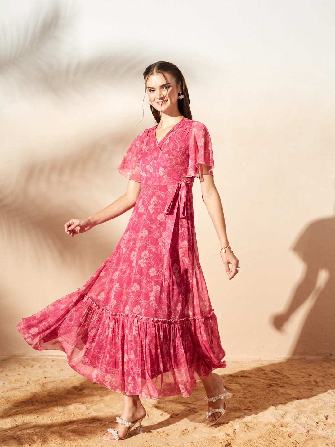 Pink Floral Printed Flutter Sleeves Maxi Dress for Women