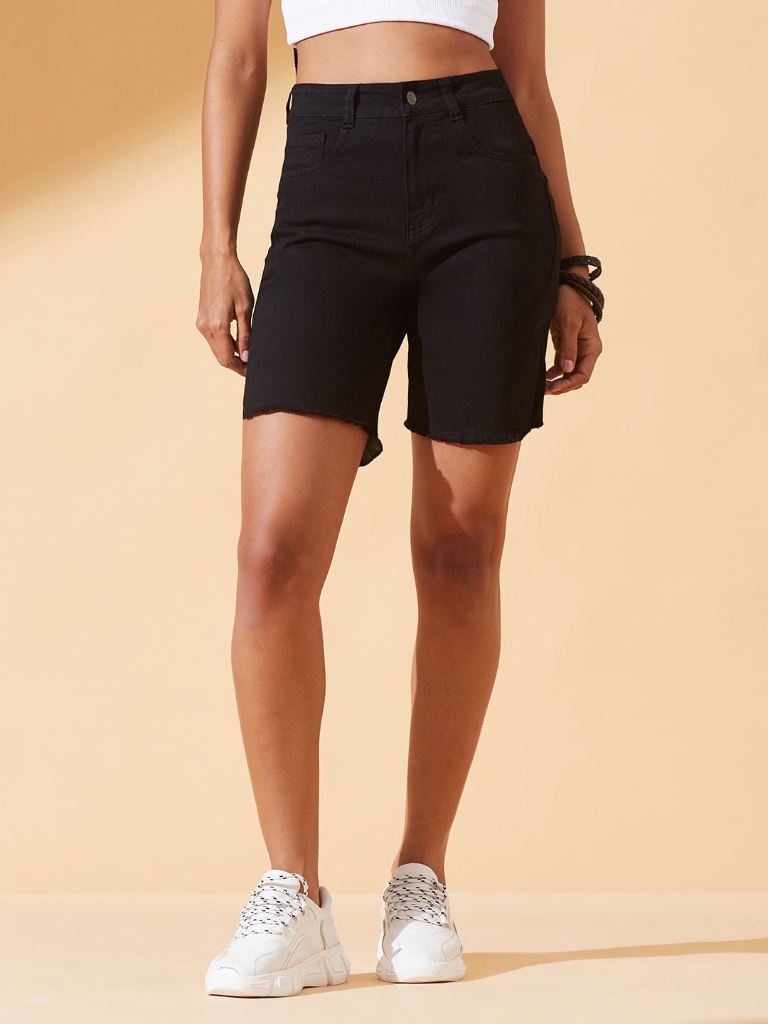 Black High-Rise Above-Knee Stretchable Denim Shorts for Women