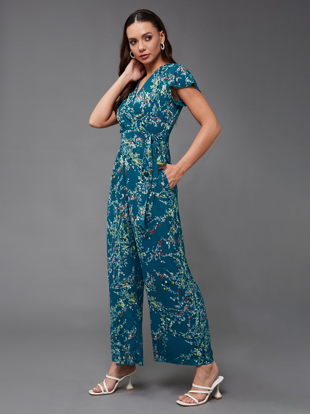 Women's Multicolored-Base-Turquoise V-Neck Short Sleeve Floral Wrap Regular-Length Crepe Jumpsuit