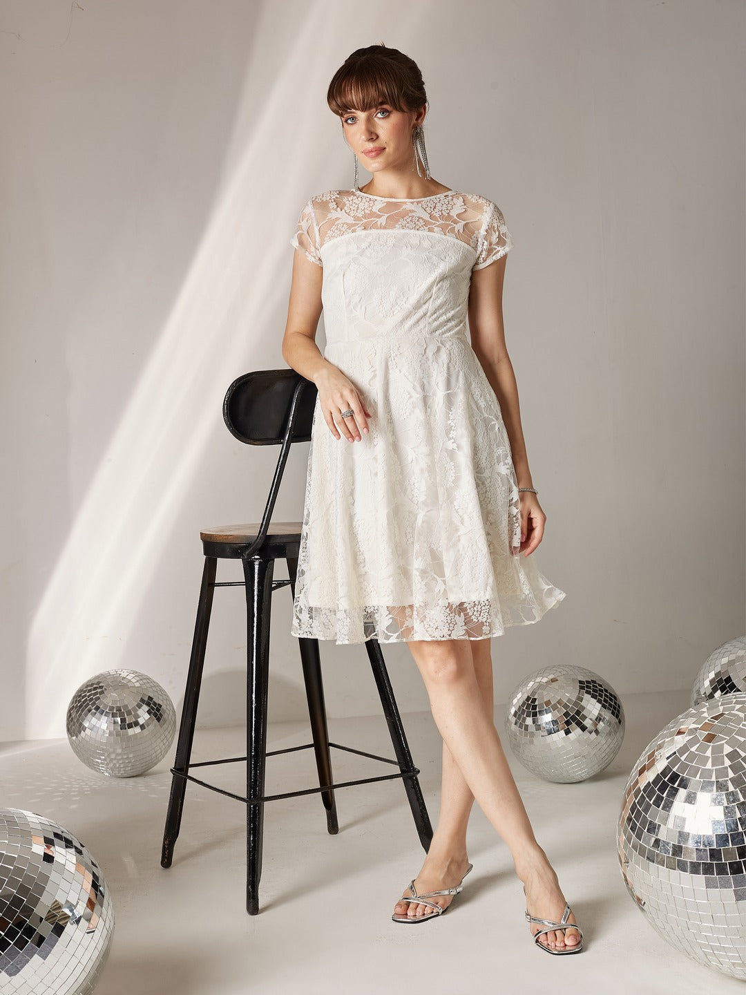 Off White Round Neck Cap Sleeve Self-Designed Skater Mini Dress for Women