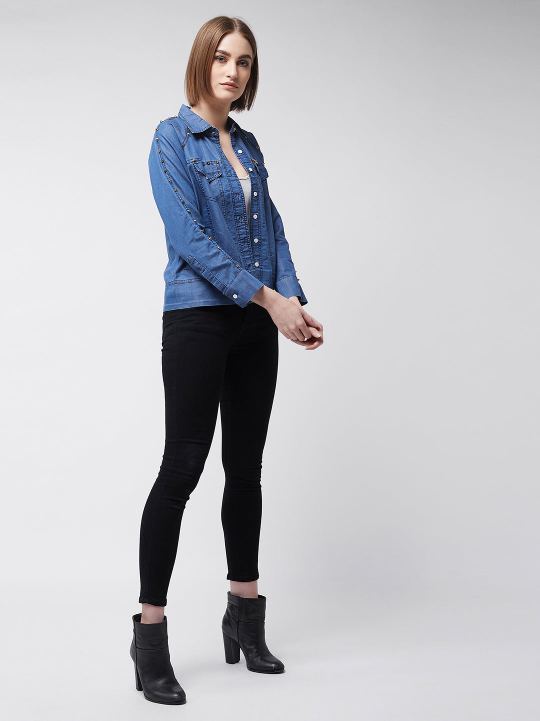 Women's Blue Polo Neck Full Sleeve Solid Embellished Flap Detailing Buttoned Denim Bomber Jacket