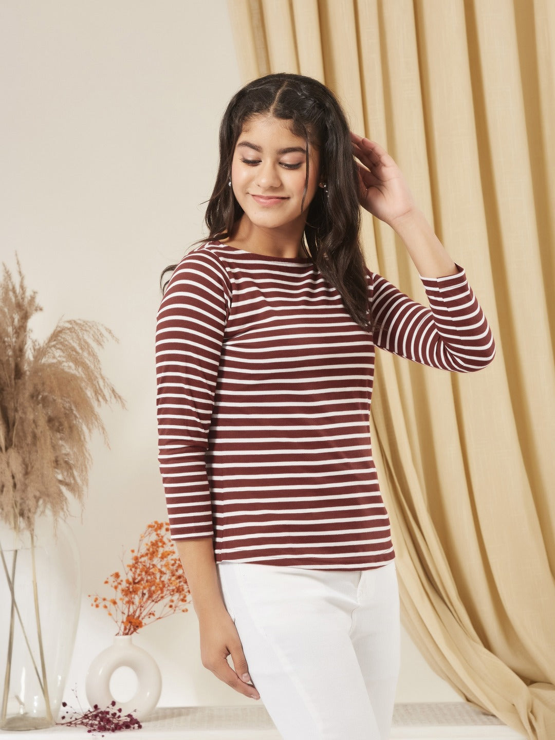 Maroon & White Boat Neck 3/4 Sleeve Cotton Striped Top for Girls/Teenagers