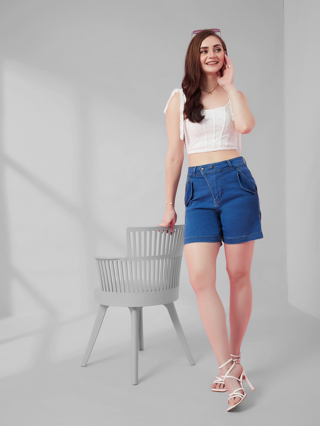 Relaxed-Fit Mid-Rise Stretchable Blue Denim Bermuda Shorts for Women