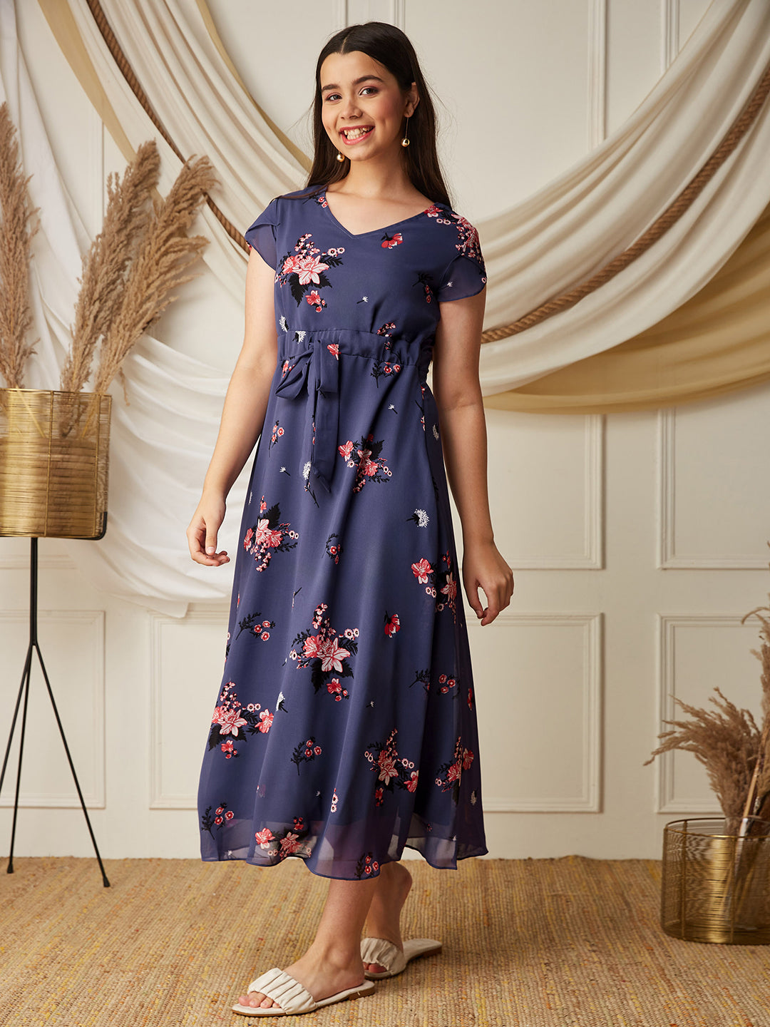 Multicolored Base Lavender V-Neck Short Sleeved Floral Pleated Midi Dress