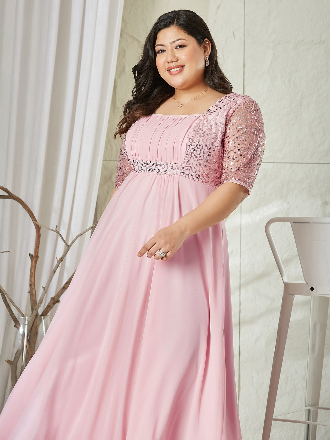 Dusty Pink Square Neck Half Sleeve Solid Embellished Maxi Dress for Women