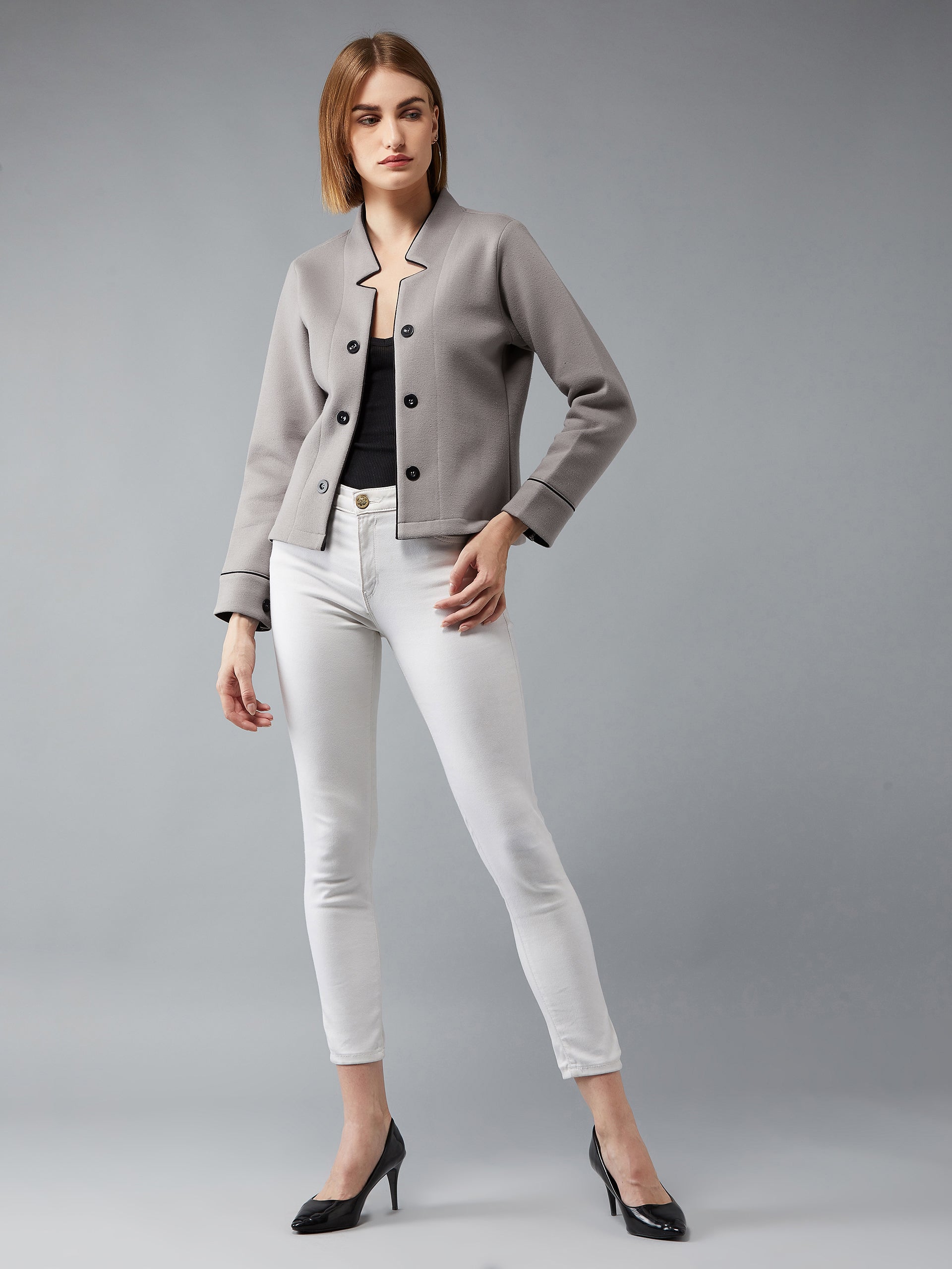 Women's Grey V-Neck Full Sleeves Solid Front-Open Regular Length Jacket