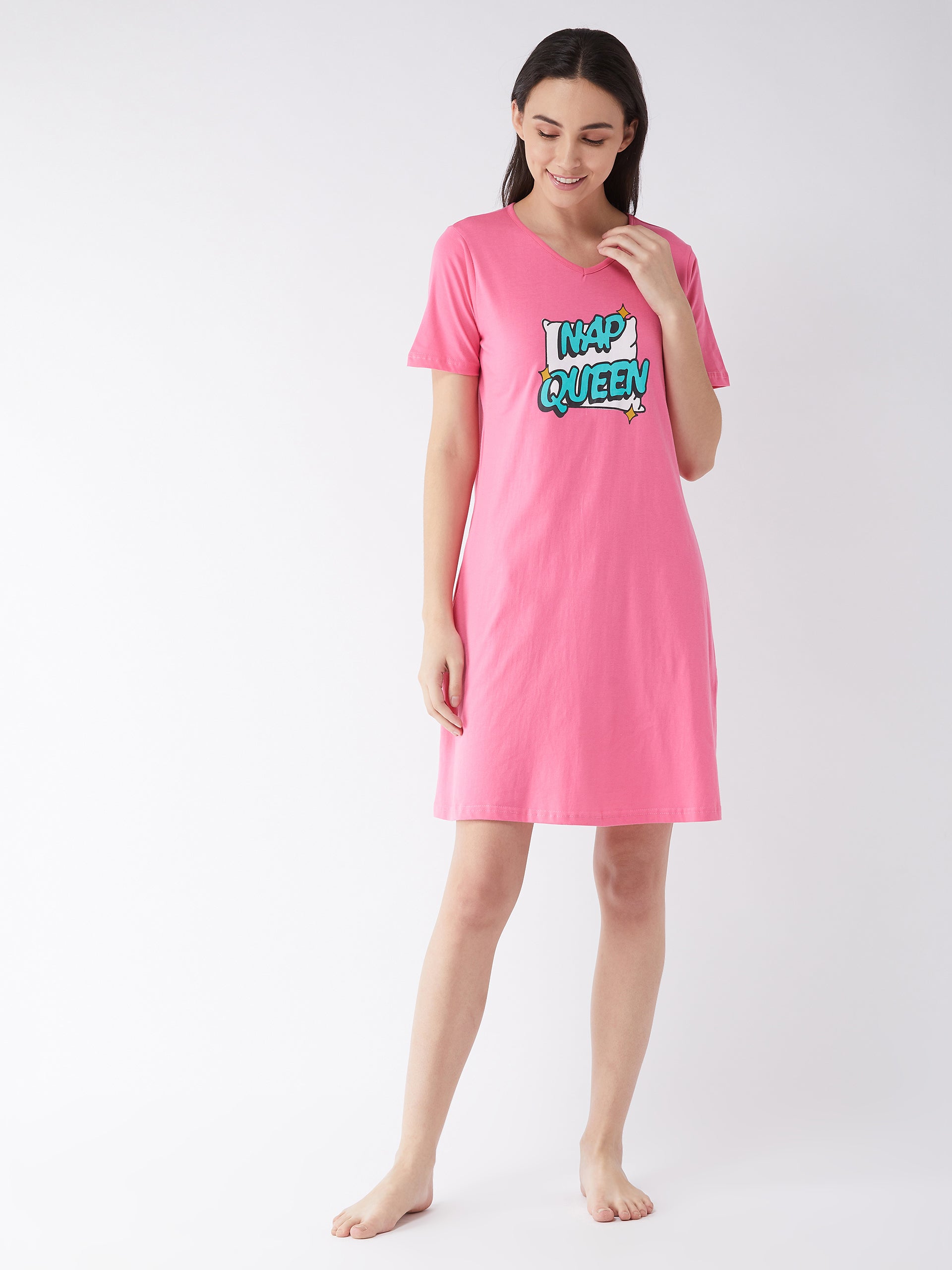 Women's Pink Knee Length Short Sleeves V-Neck Printed Dress