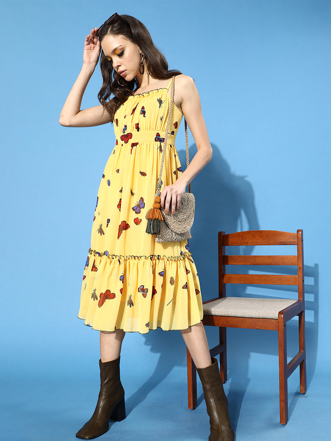 Women's Multicolored-Base-Yellow Square Sleeveless Printed Gathered Midi Dress