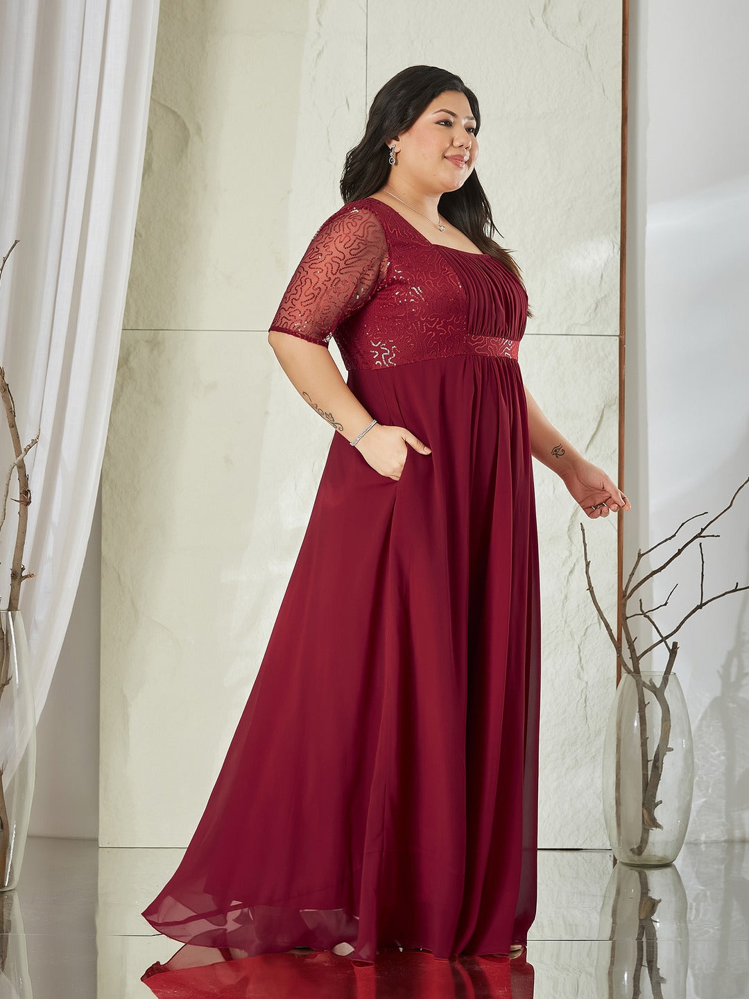 Maroon Square Neck Half Sleeve Solid Embellished Maxi Dress for Women