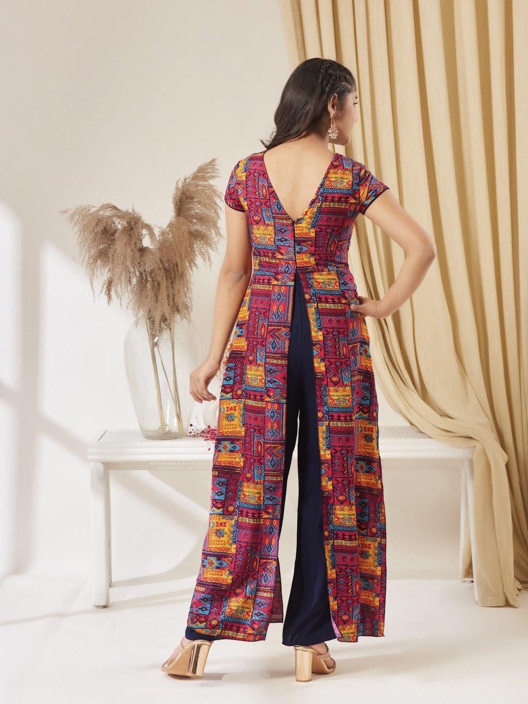 Navy Blue Keyhole-Neck Regular Sleeve Bohemian Paneled Viscose-Rayon Jumpsuit for Girls/Teenagers