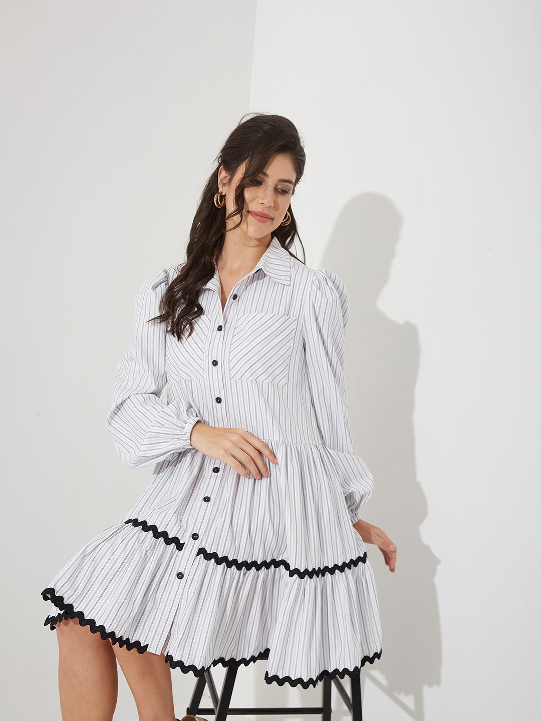 Black & Grey Striped Cotton Shirt Dress with Balloon Sleeves and Chest Pockets for Women