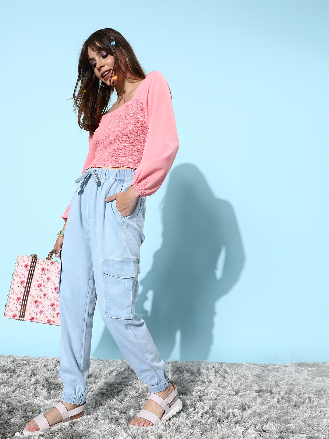 Women's Light Blue Regular High-Rise Clean-Look Regular Stretchable Denim Joggers