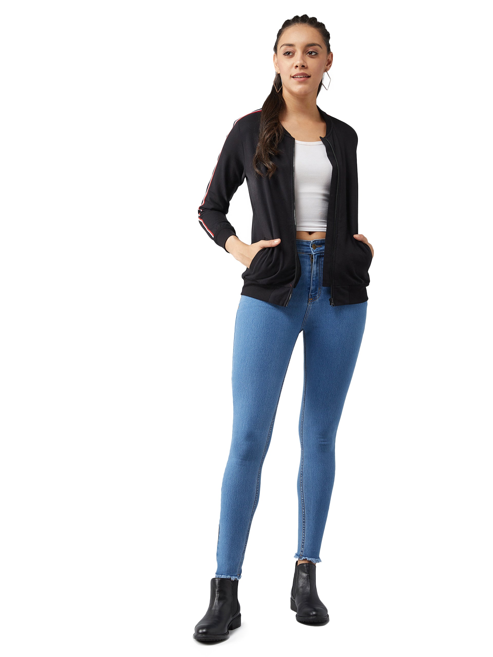 Black V-Neck Full Sleeves Cotton Solid Zippered Twill Tape Detailing Bomber Jacket for Women