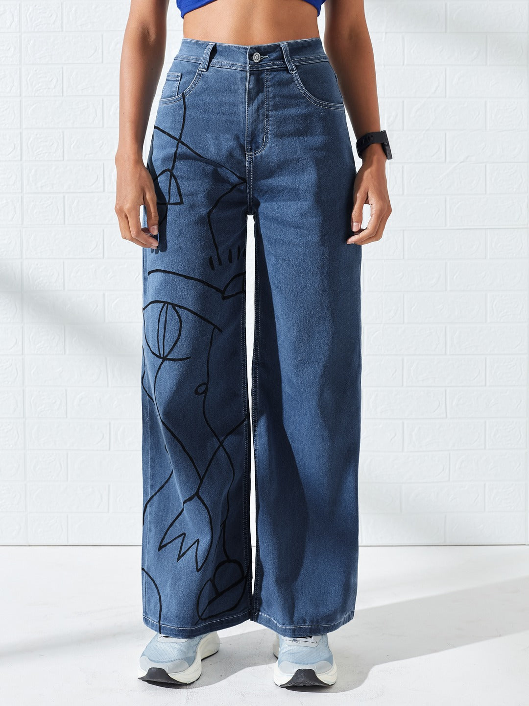 Hand-Painted Blue Wide Leg High-Rise Stretchable Denim Jeans For Women