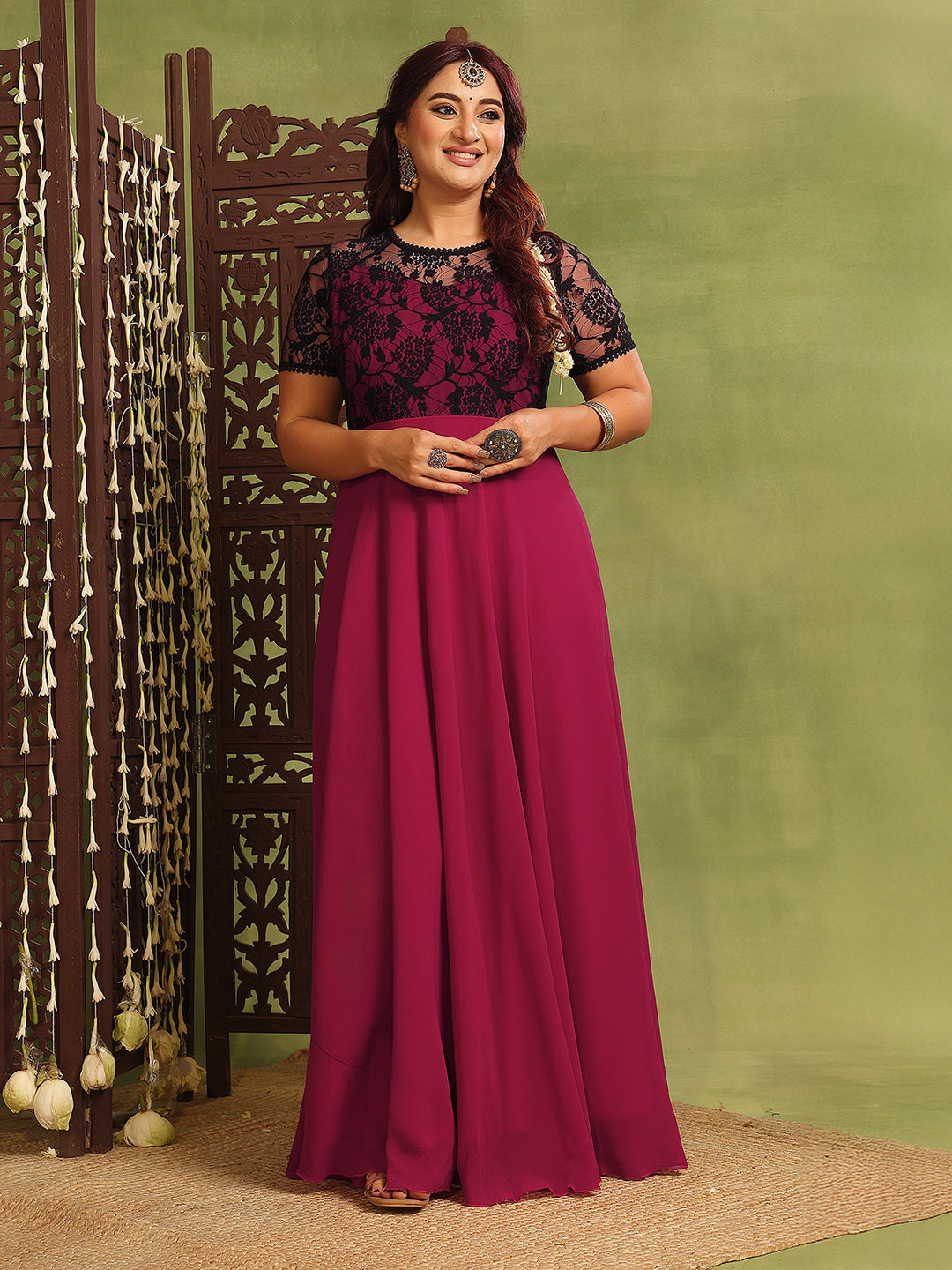 Women's Dark Pink Georgette Short-Sleeved Self-Design Lace-Overlaid Maxi Dress