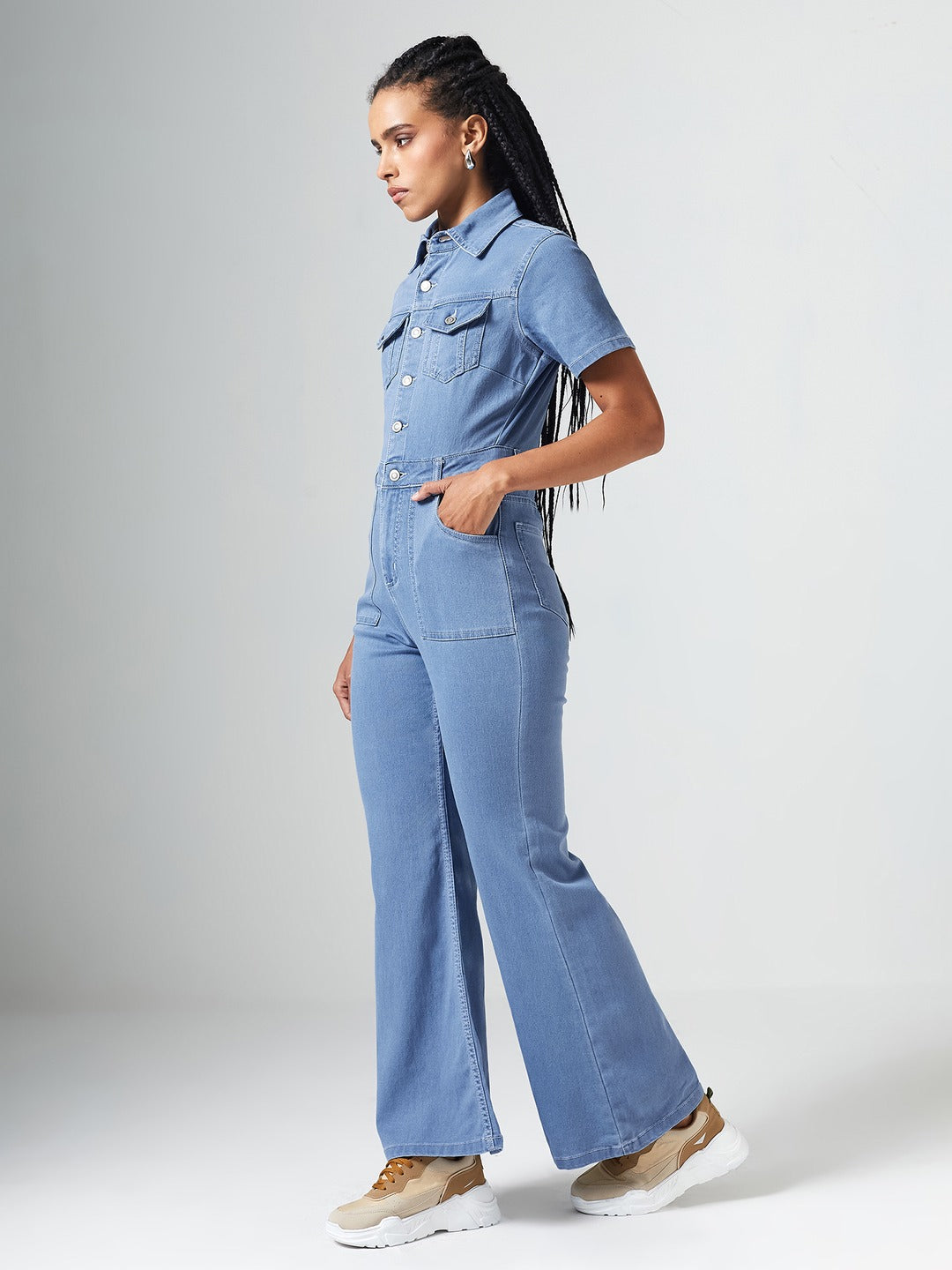 Light Blue Flared High Rise Regular Length Stretchable Denim Jumpsuit for Women