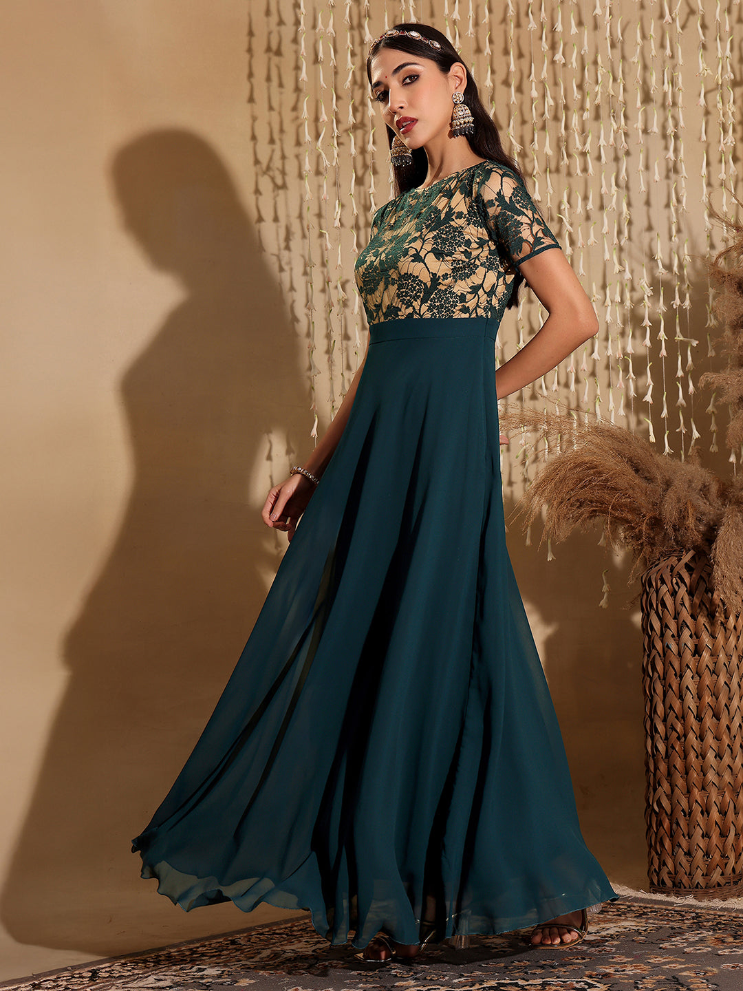 Women's Teal Round Neck Half Sleeve Self Design Fit & Flare Georgette Maxi Dress
