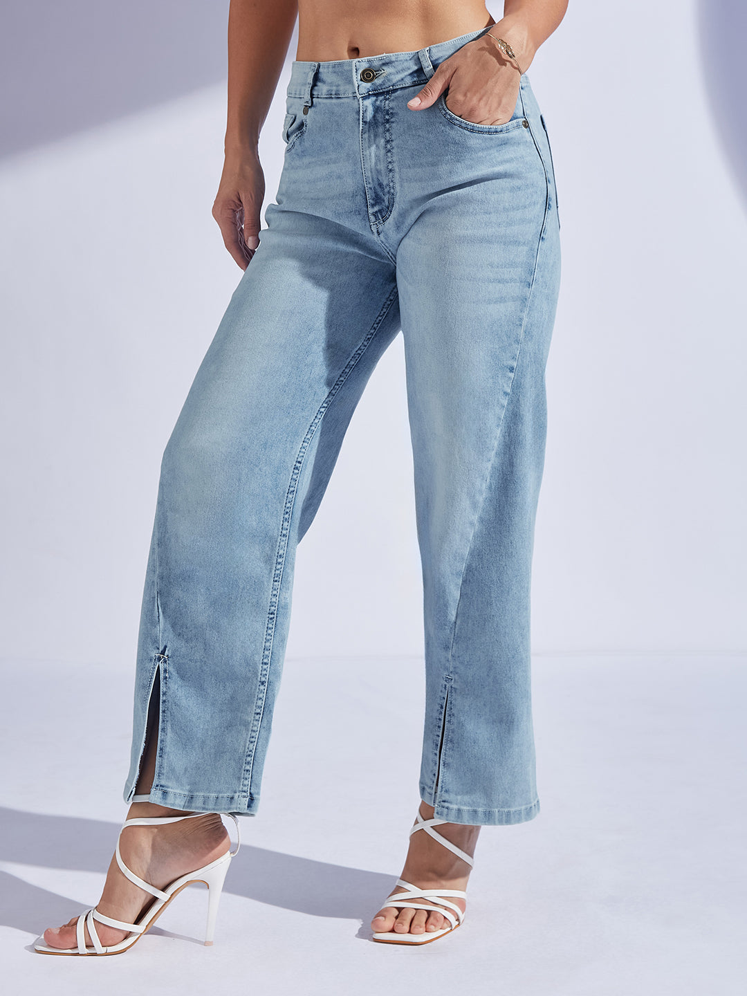 Women's Light Blue Wide-Leg Mid-Rise  Regular-Length Stretchable Denim Jeans