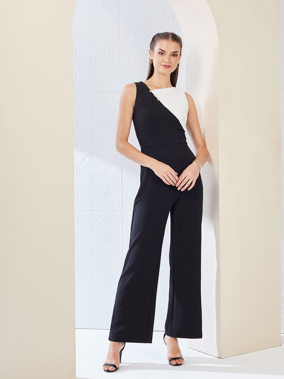 Off-White & Black Asymmetric Sleeveless Polyknitted Solid Color-Block/Paneled Regular Length Jumpsuit for Women — Miss Chase