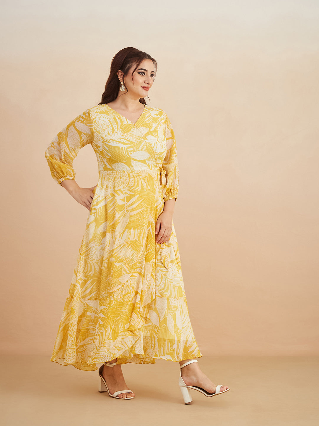 Yellow & White V neck Full sleeve Floral Layered Maxi Dress for Women