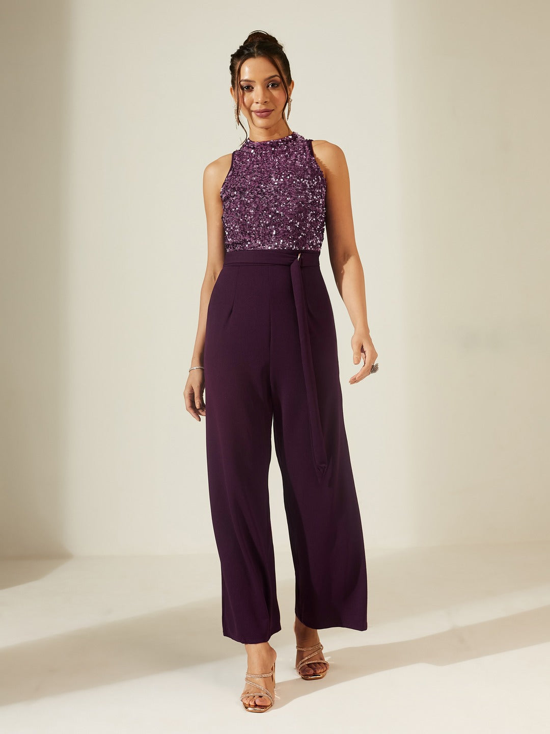 Dark Purple Halter Neck Sleeveless Embellished Jumpsuit for Women