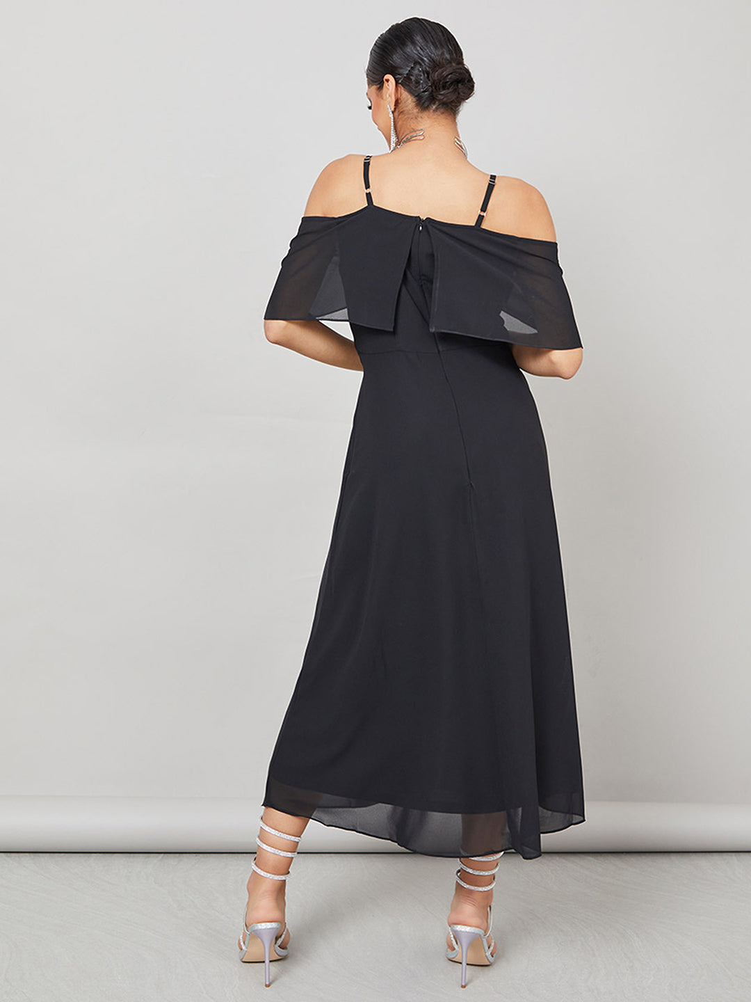 Women's Black Bardot Style Sleeveless Spaghetti Strap Solid Off Shoulder Midi Skater Dress