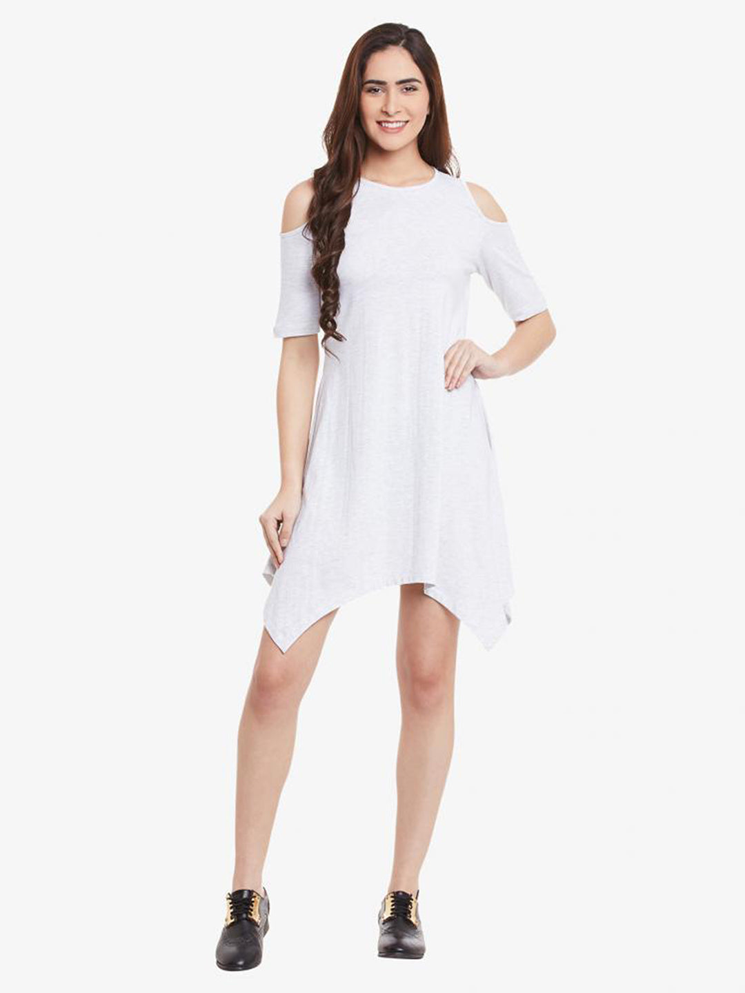 Grey Solid Round Neck Half Sleeve Mini A-Line Dress for Women