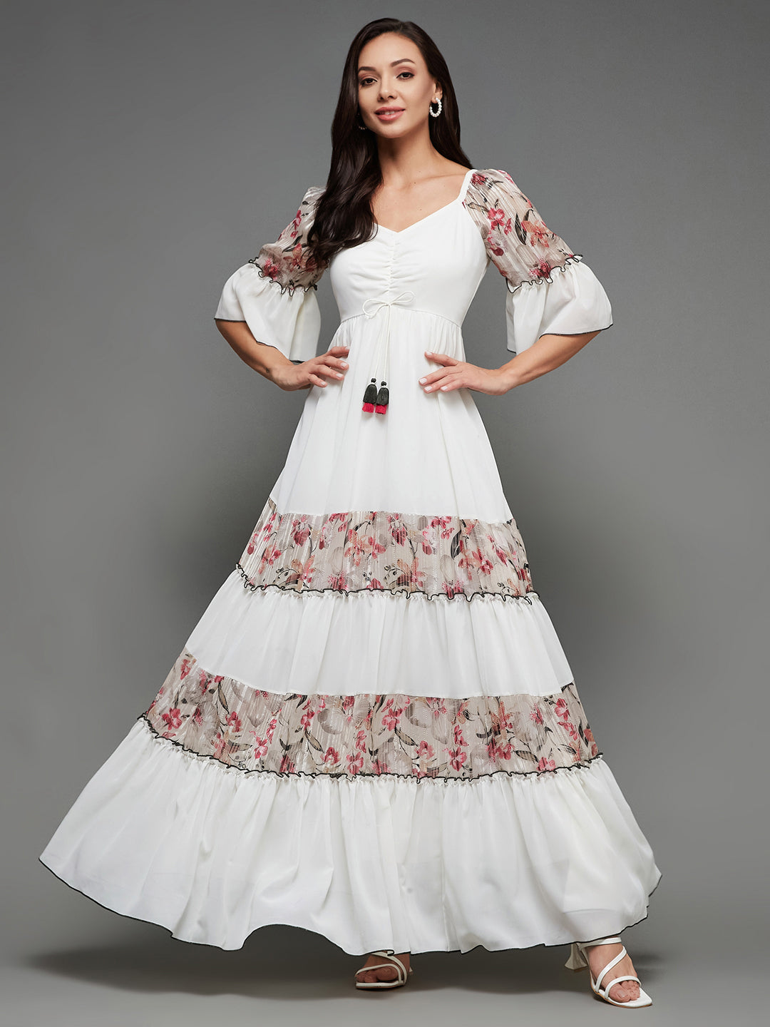 Women's Multicolored-Base-Off White Sweetheart Neckline Ruffled Sleeve Floral Patterned Tiered Maxi Georgette Dress