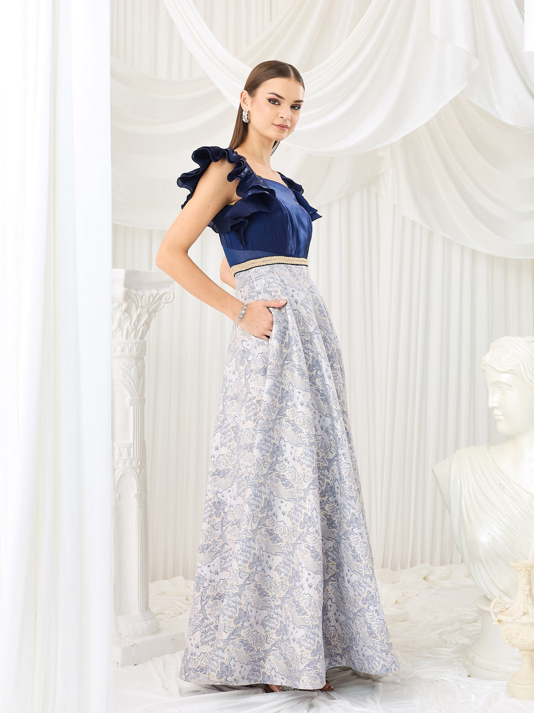 Navy Blue White Square Neck Ruffled Floral Maxi Dress for Women