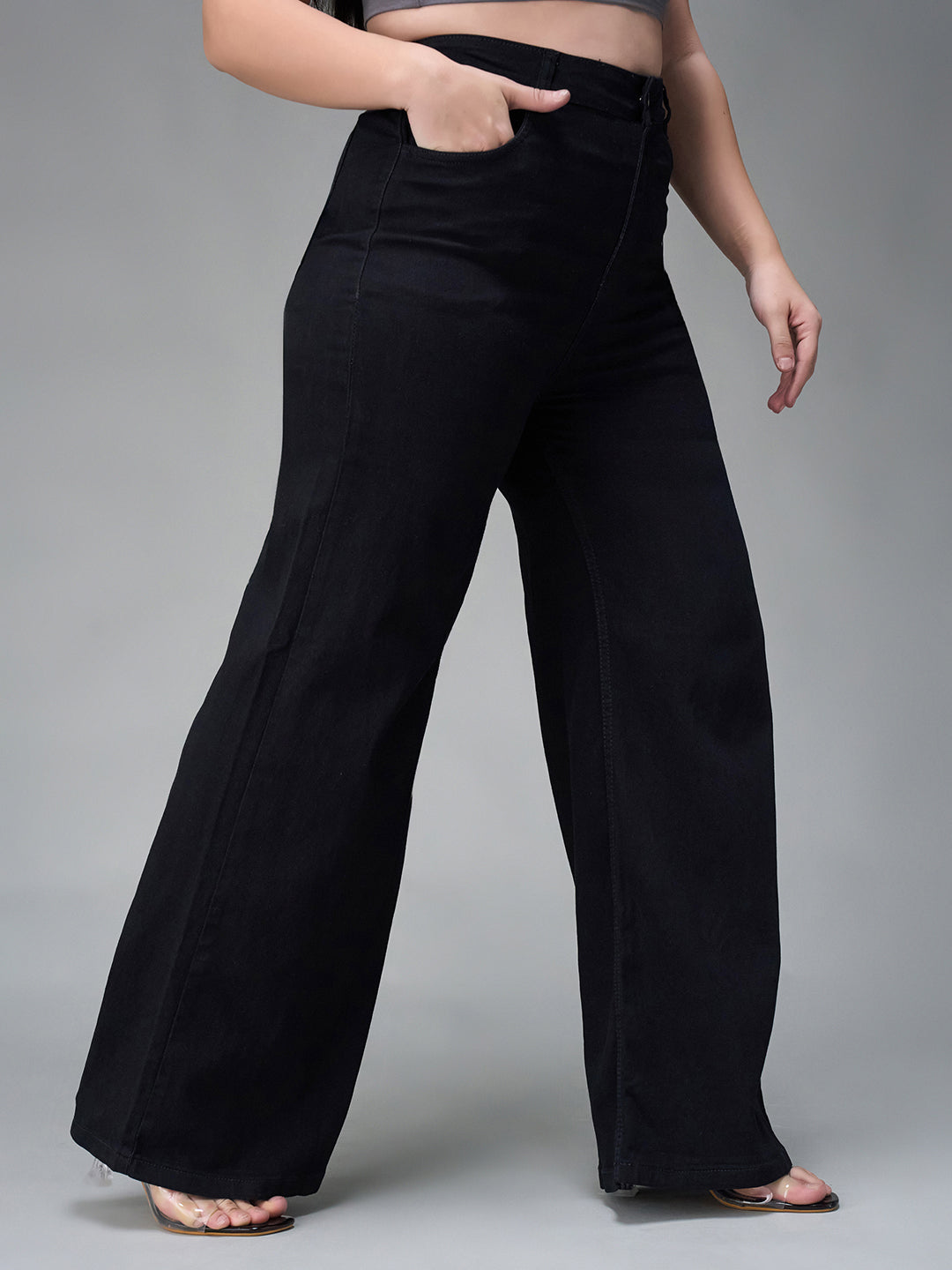 Women's Black Wide Leg High Rise Stretchable Denim Jeans