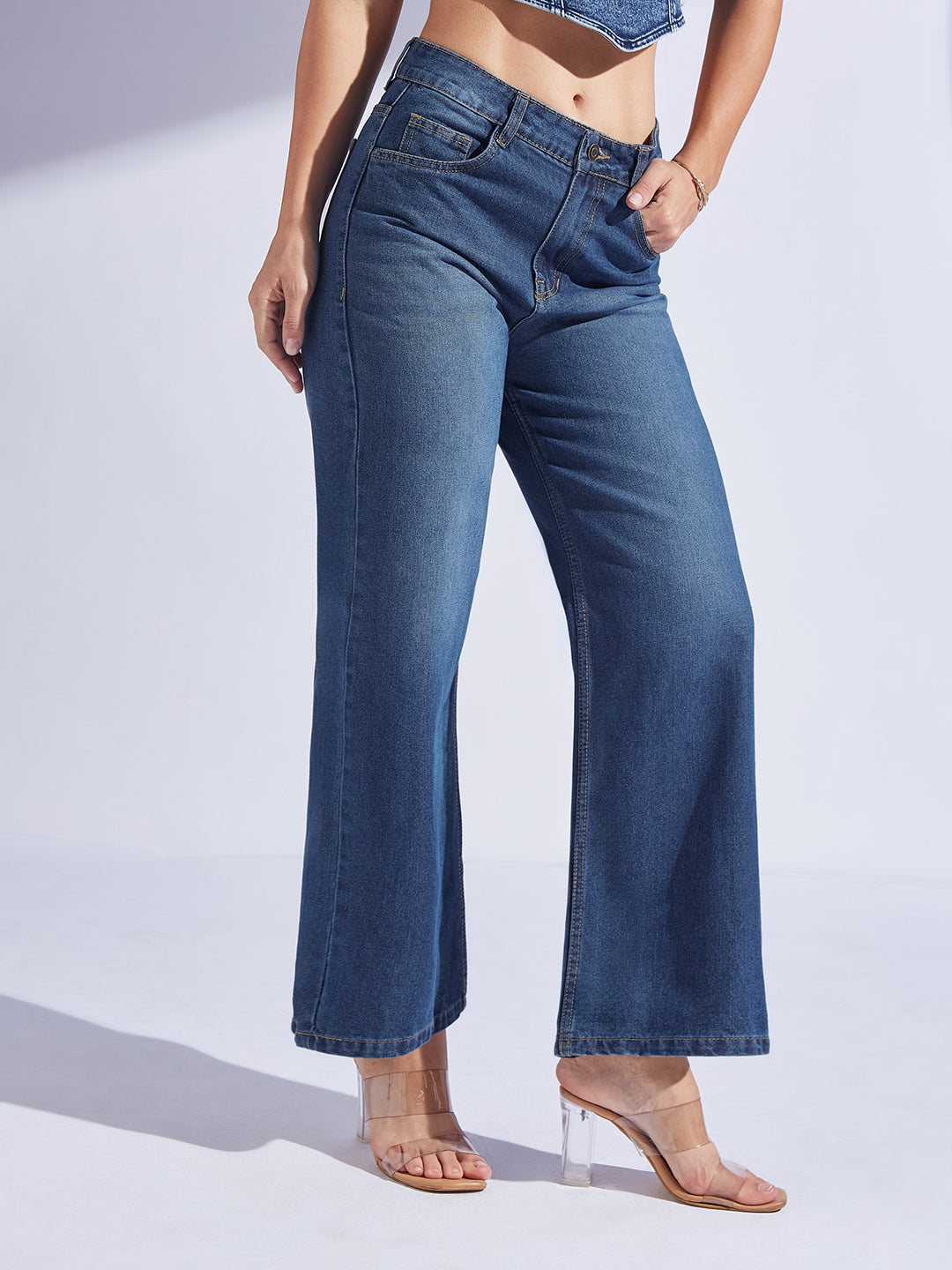 Women's Navy Blue Wide-Leg High-Rise Denim Jeans