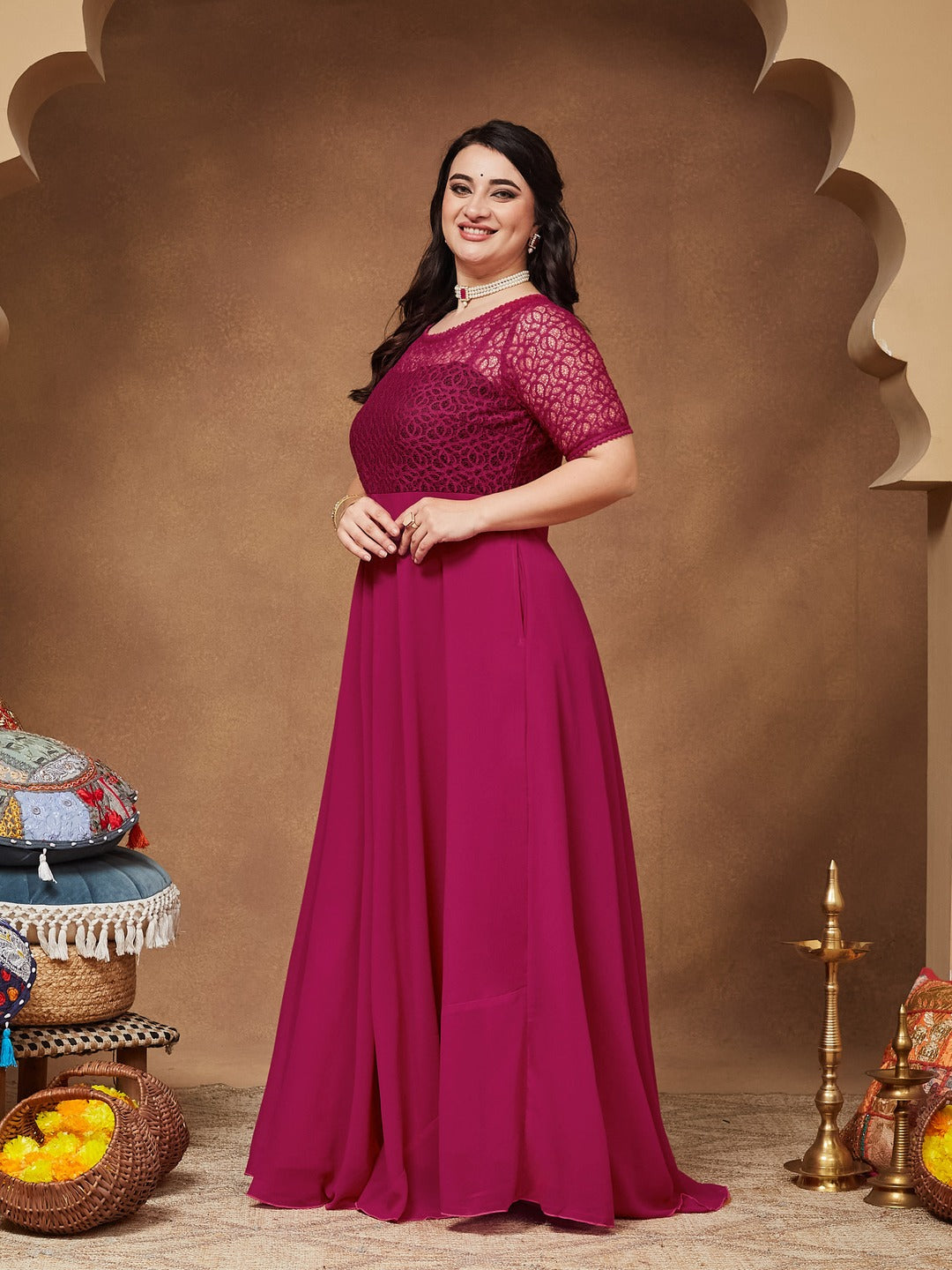 Dark Pink Round neck Half Sleeve Solid Lace Overlaid Maxi Dress for Women