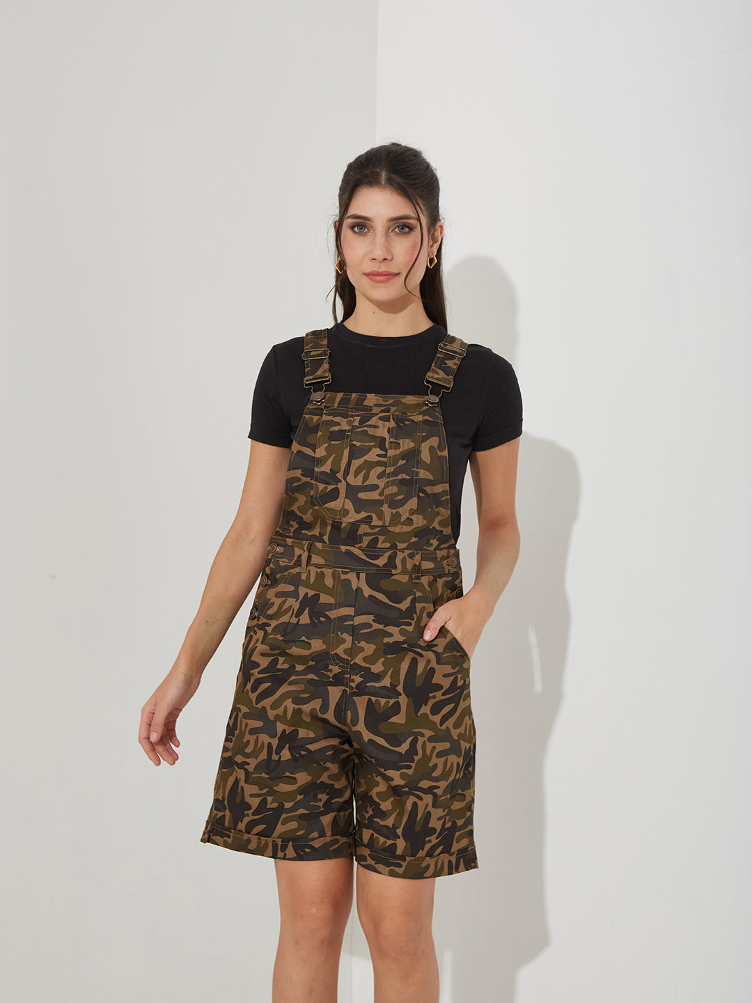 Women’s Multicolored Base Olive Square Neck Camouflage Short Dungaree Knee-Long Cotton Dungaree for Women