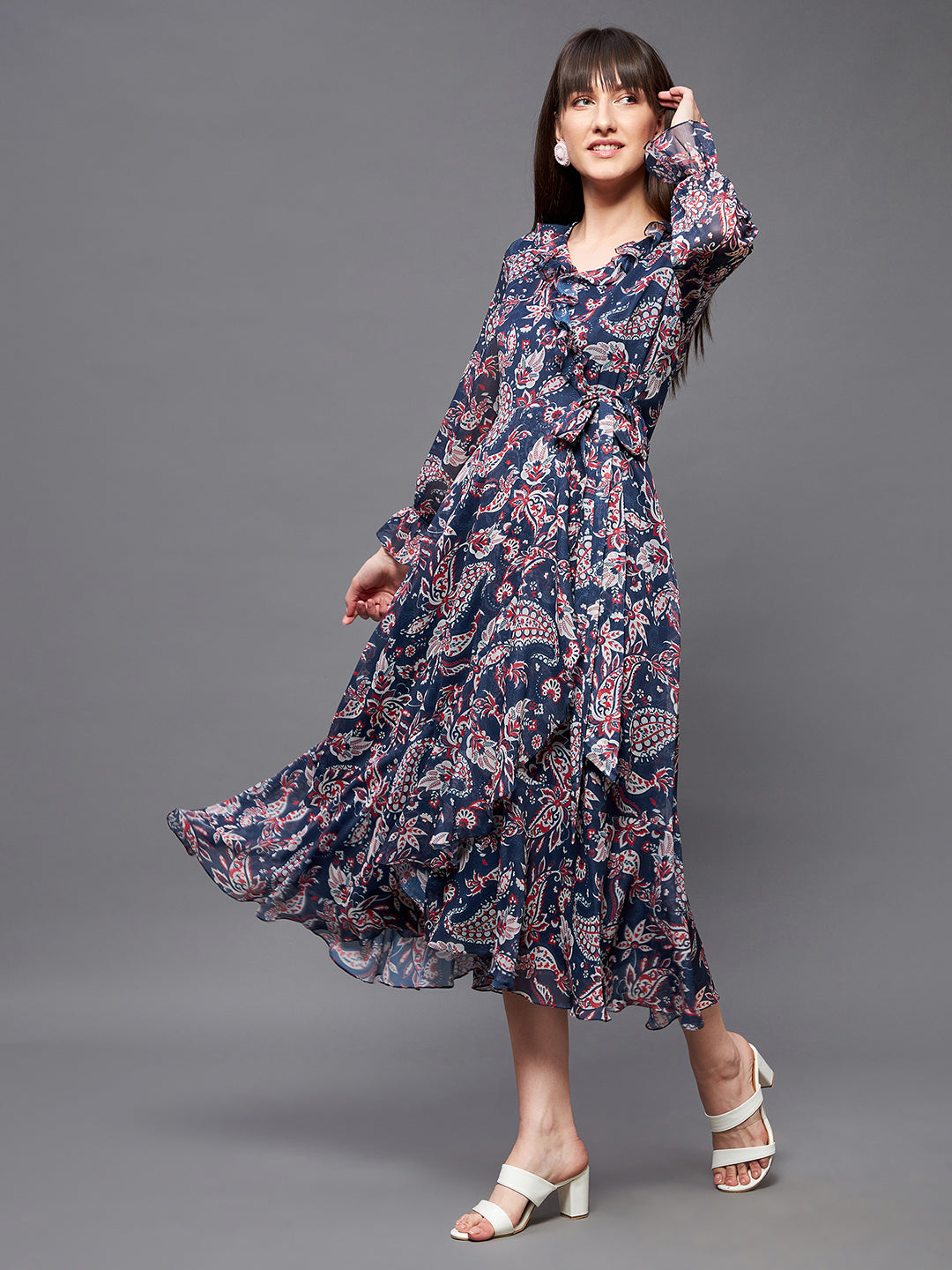 Women's Multicolored-Base-Navy Blue V Neck Full Sleeves Polyester Relaxed Fit Midi Length Dress